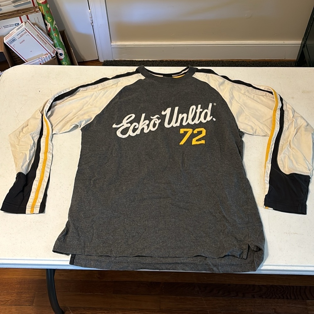 Ecko Unltd Y2K Long Sleeve Tee Gray White Yellow Logo Shirt men Size M